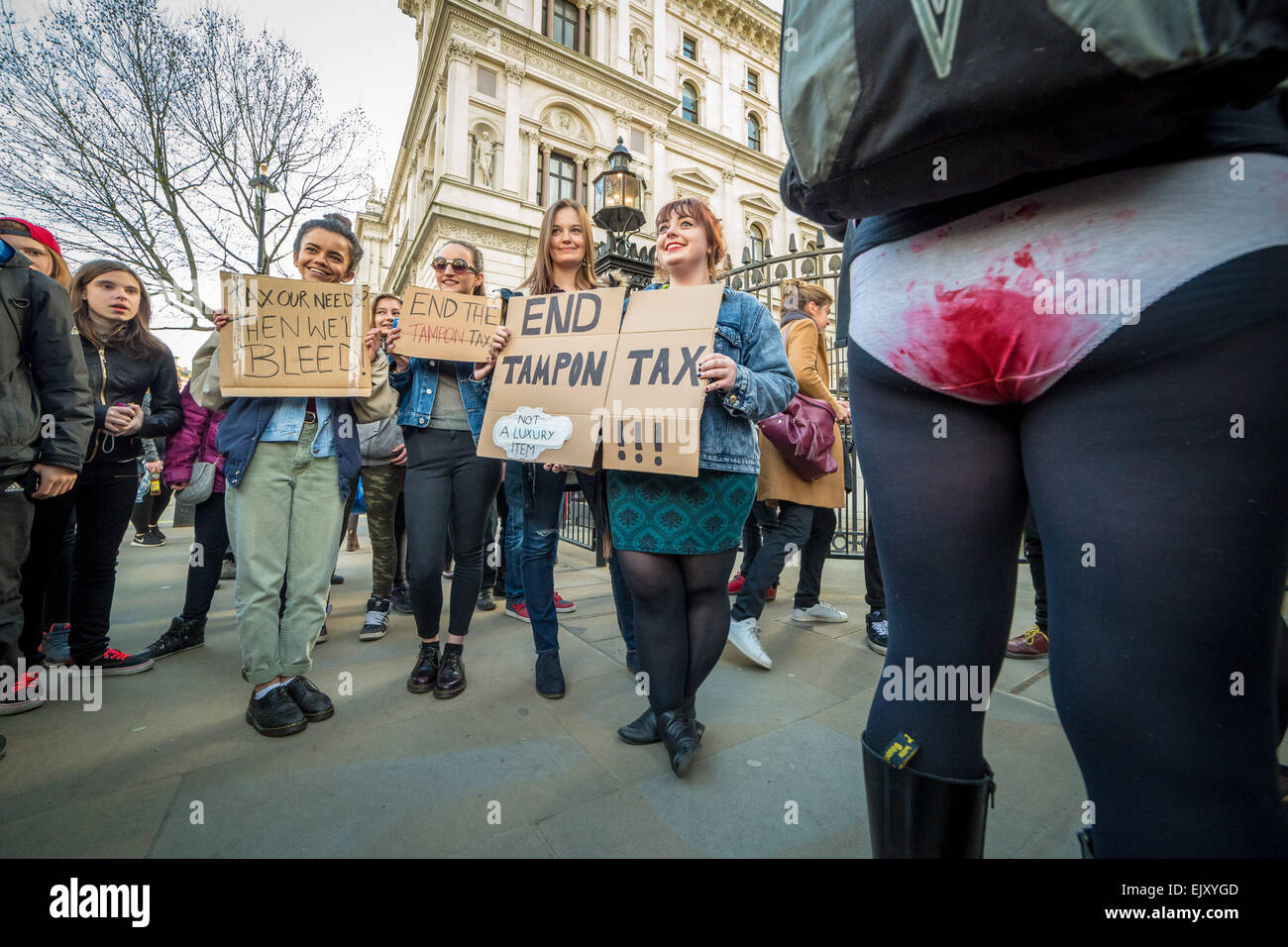 Women Protesting the UK's Tampon Tax by Free-Bleeding in Front of