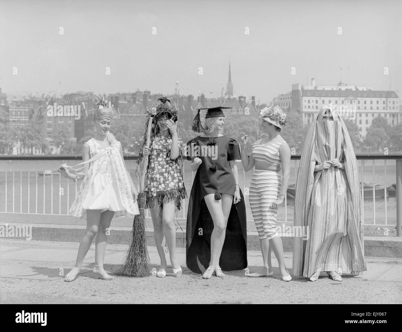 Reveille Models modelling the latest in beach wear fashions on the banks of the River Thames. Circa May 1961 Stock Photo