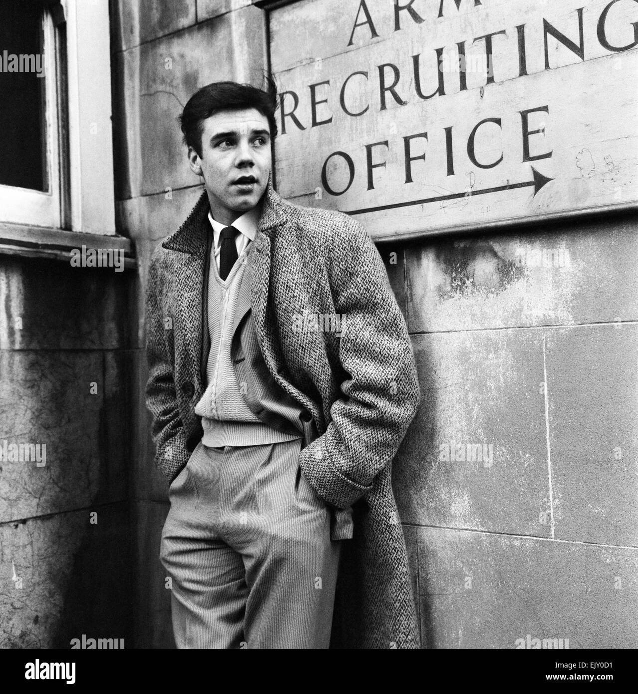 Marty Wilde, singer, pictured outside Army Recruiting Office ahead of his National Service Medical, 3rd February 1959. *** Local Caption *** Army Recruitment Centre  Ministry of Labour and National Service  Medical Board Entrance Stock Photo