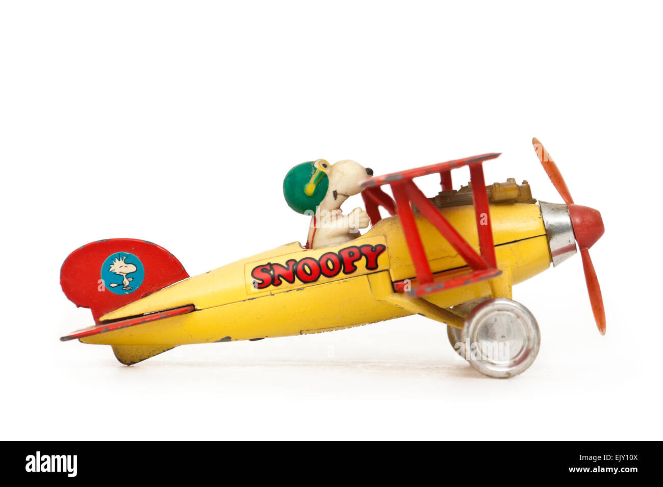 Snoopy (Charlie Brown's dog in Peanuts comic strip) vintage diecast toy airplane by Aviva Toy Co. from 1965 Stock Photo