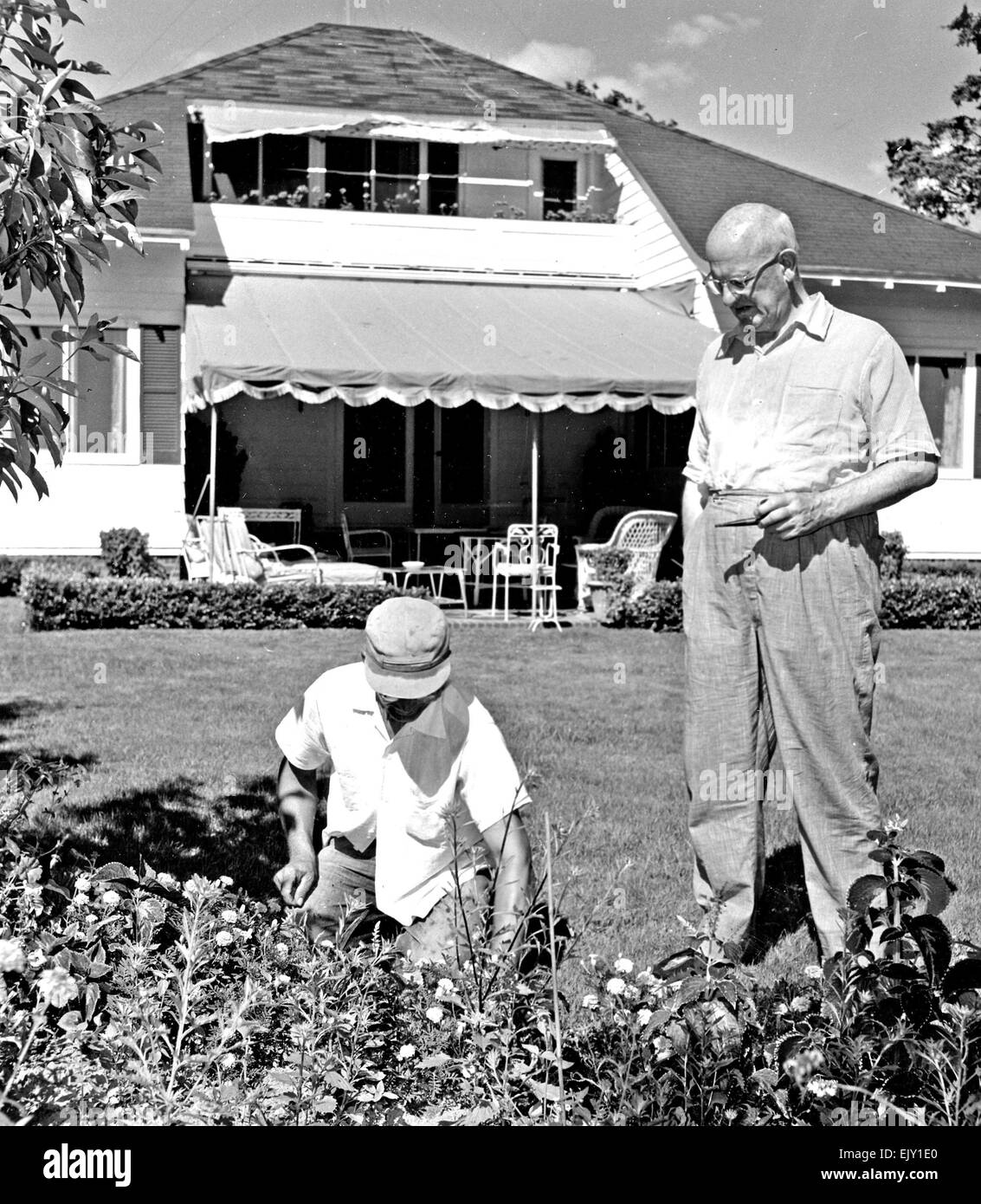 P.G.WODEHOUSE (1881-1975) English humourist at his home in Basket Neck Lane, Remsenburg, New York, about 1956. Photo Graphic House 6640J Stock Photo