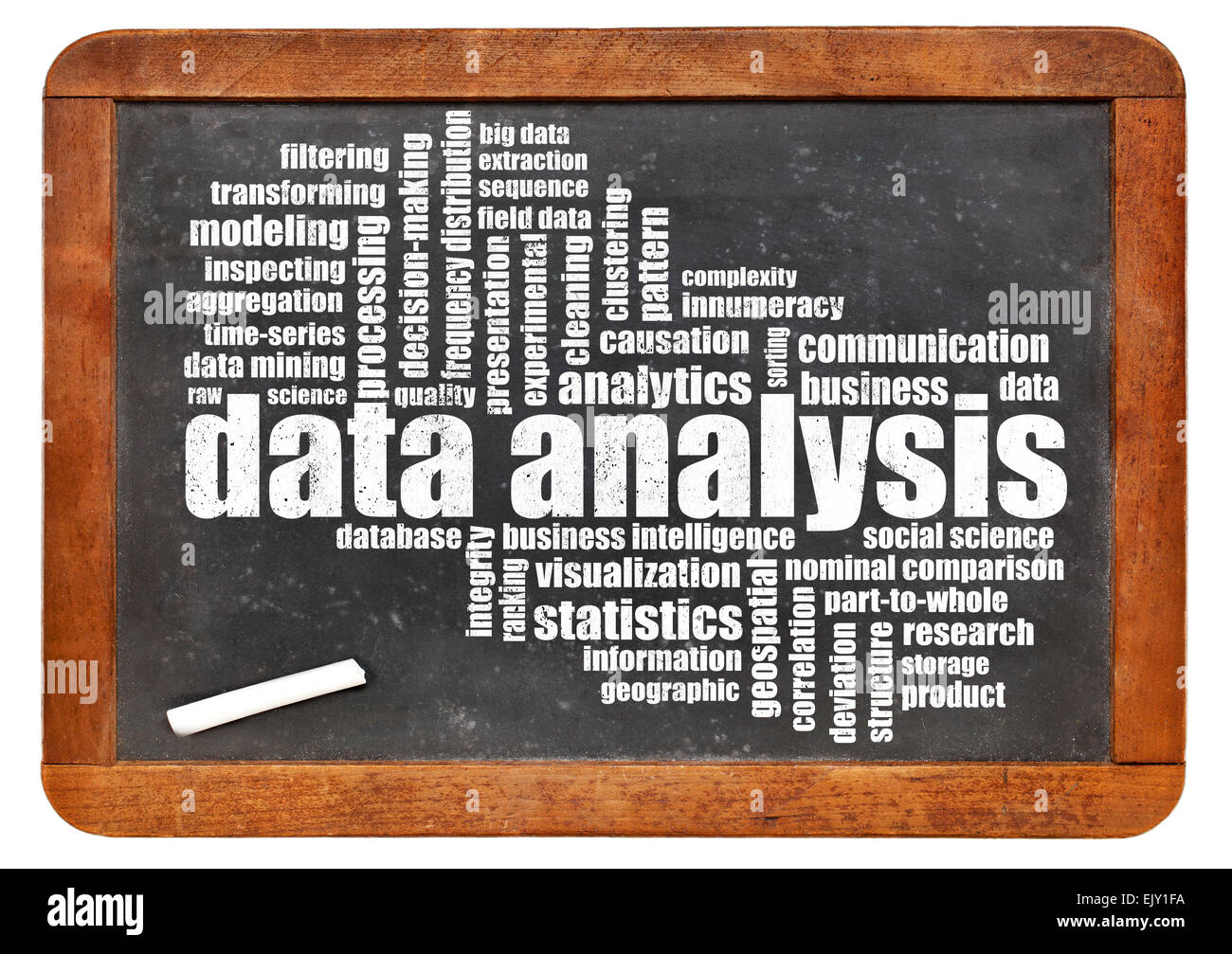 data analysis word cloud on a slate blackboard Stock Photo