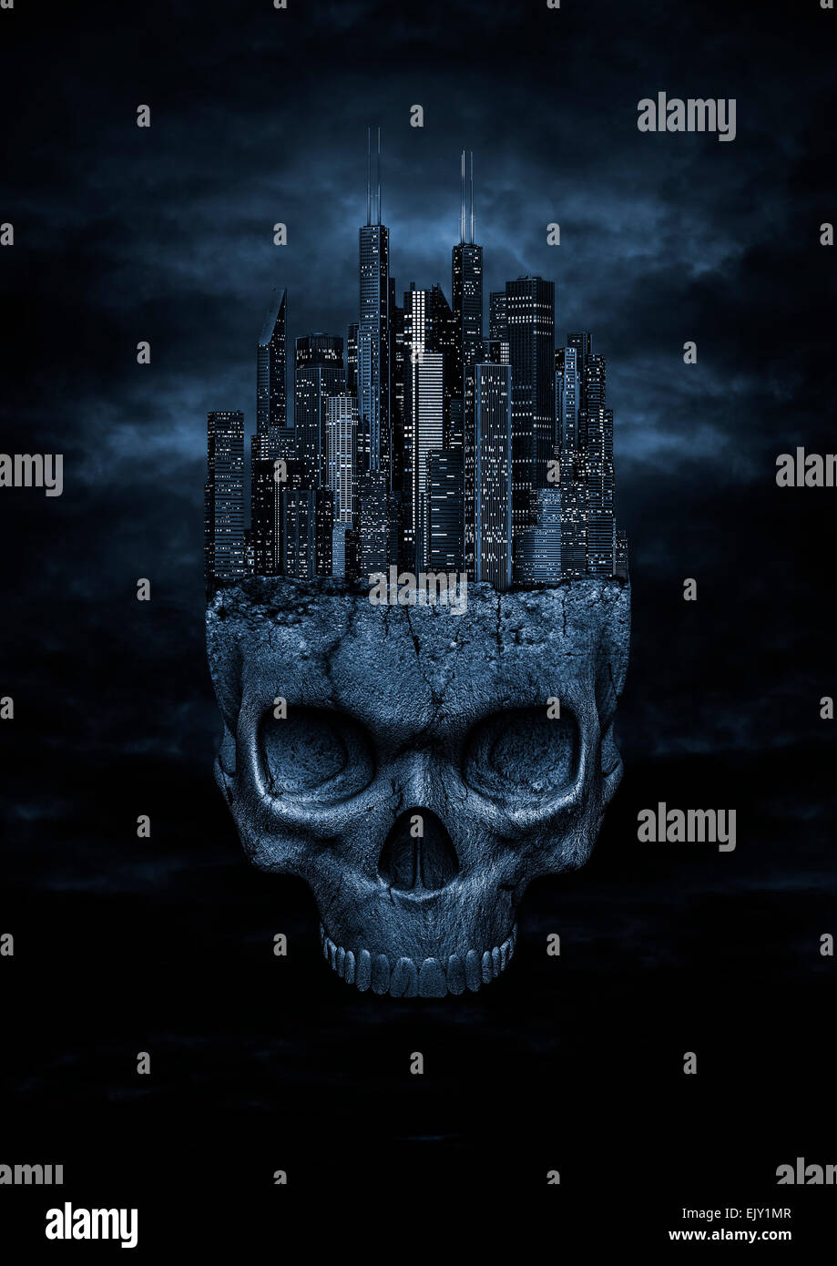3D render of night time modern city perched on top of stone skull in night sky Stock Photo