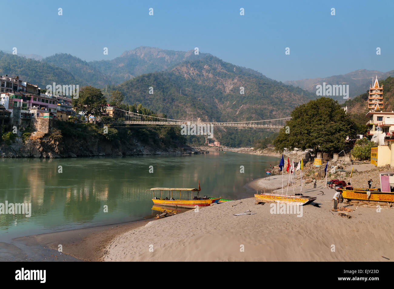 Laxman Jhula bridge over Ganges river.  Rishikesh Stock Photo
