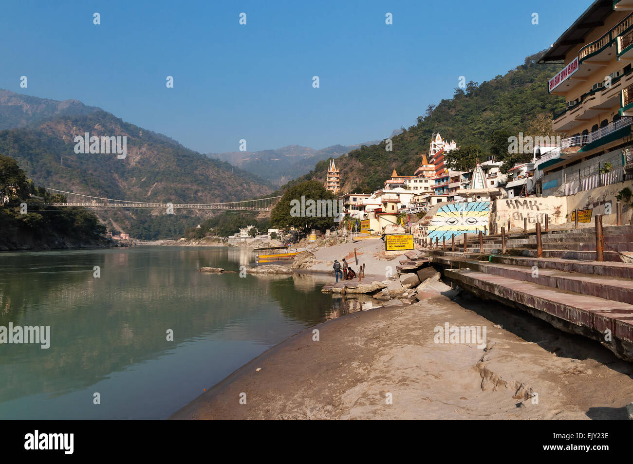 Laxman Jhula bridge over Ganges river.  Rishikesh Stock Photo
