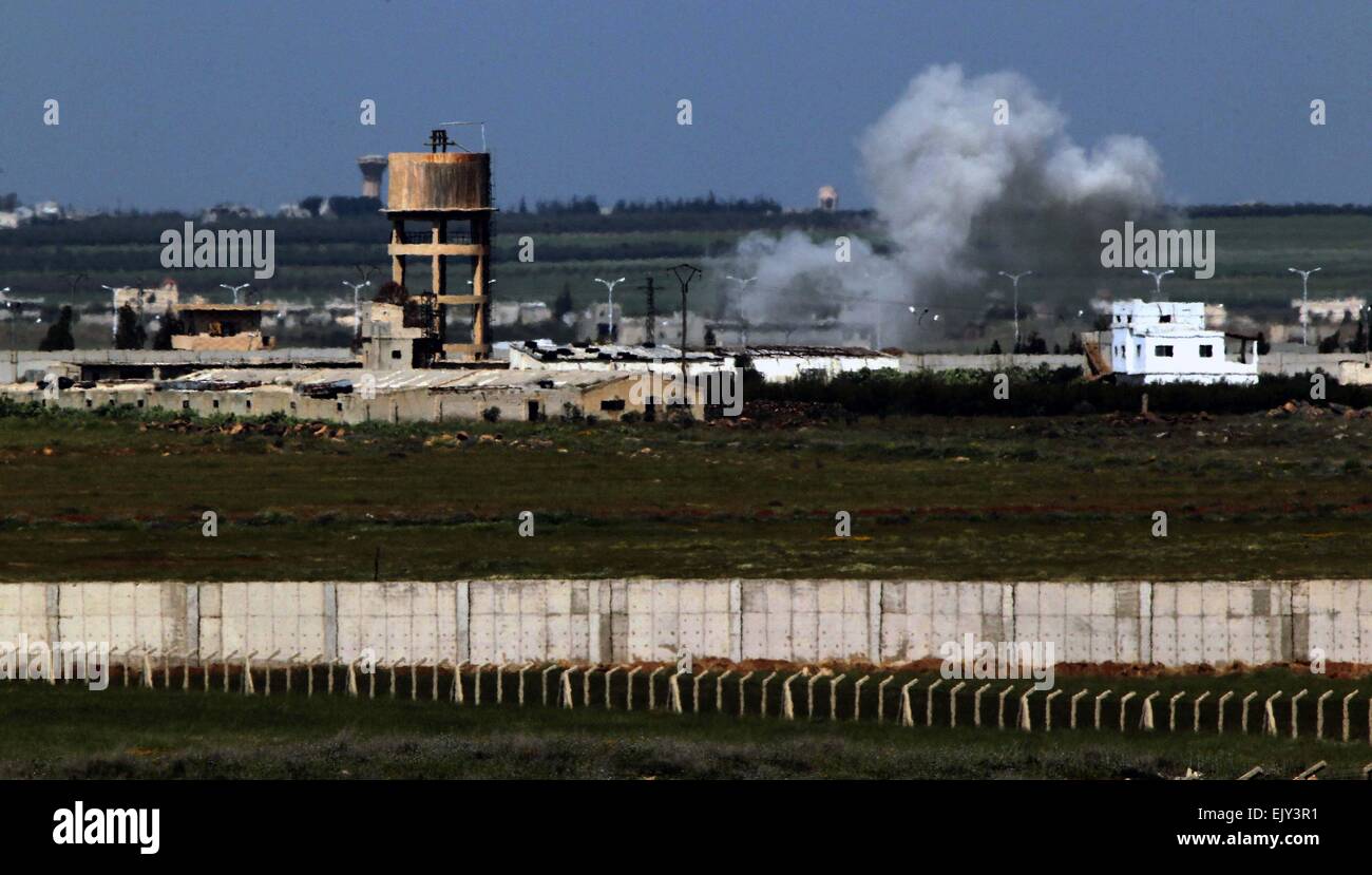 Jaber. 2nd Apr, 2015. A photo taken from the Jordanian border city of Mafraq shows smoke rises from buildings after clashes broke out on the Syrian side of the Jaber border crossing (known in Syria as the Nasib border) on April 2, 2015. © Mohammad Abu Ghosh/Xinhua/Alamy Live News Stock Photo