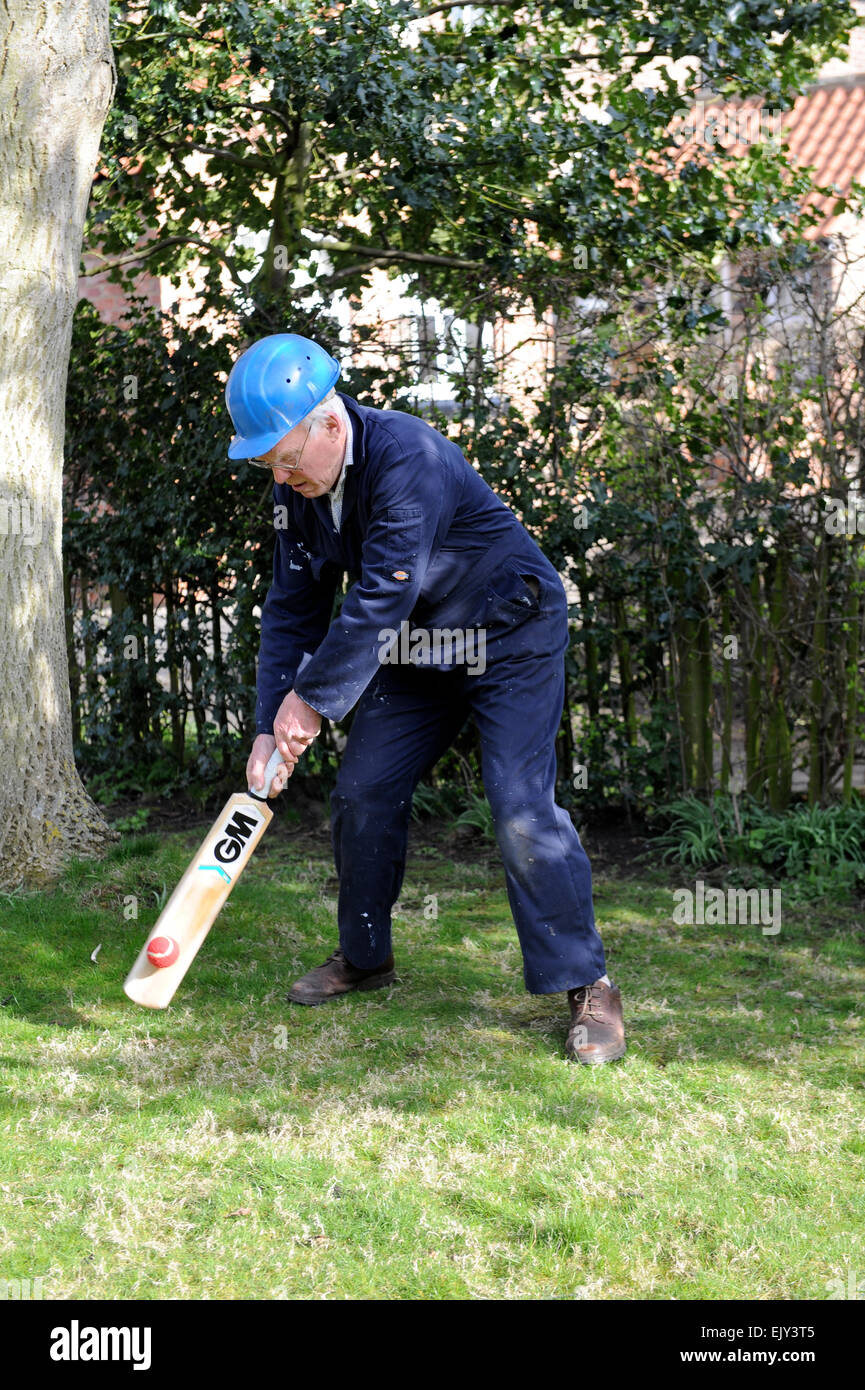 Grandfather playing cricket in the garden with his grandson. Stock Photo