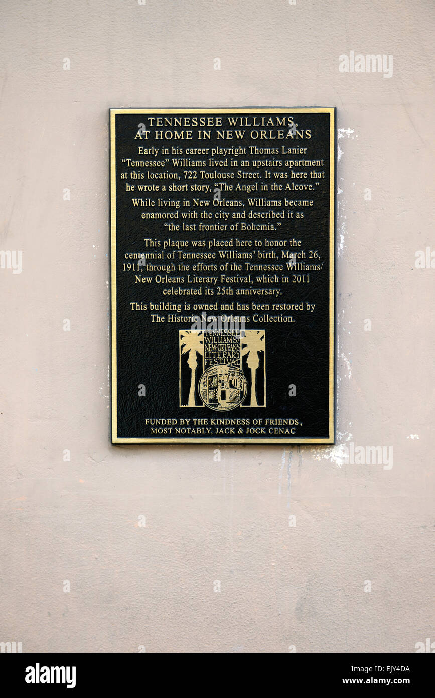 SIgn outside Tennessee williams house 722 toulouse street new orleans