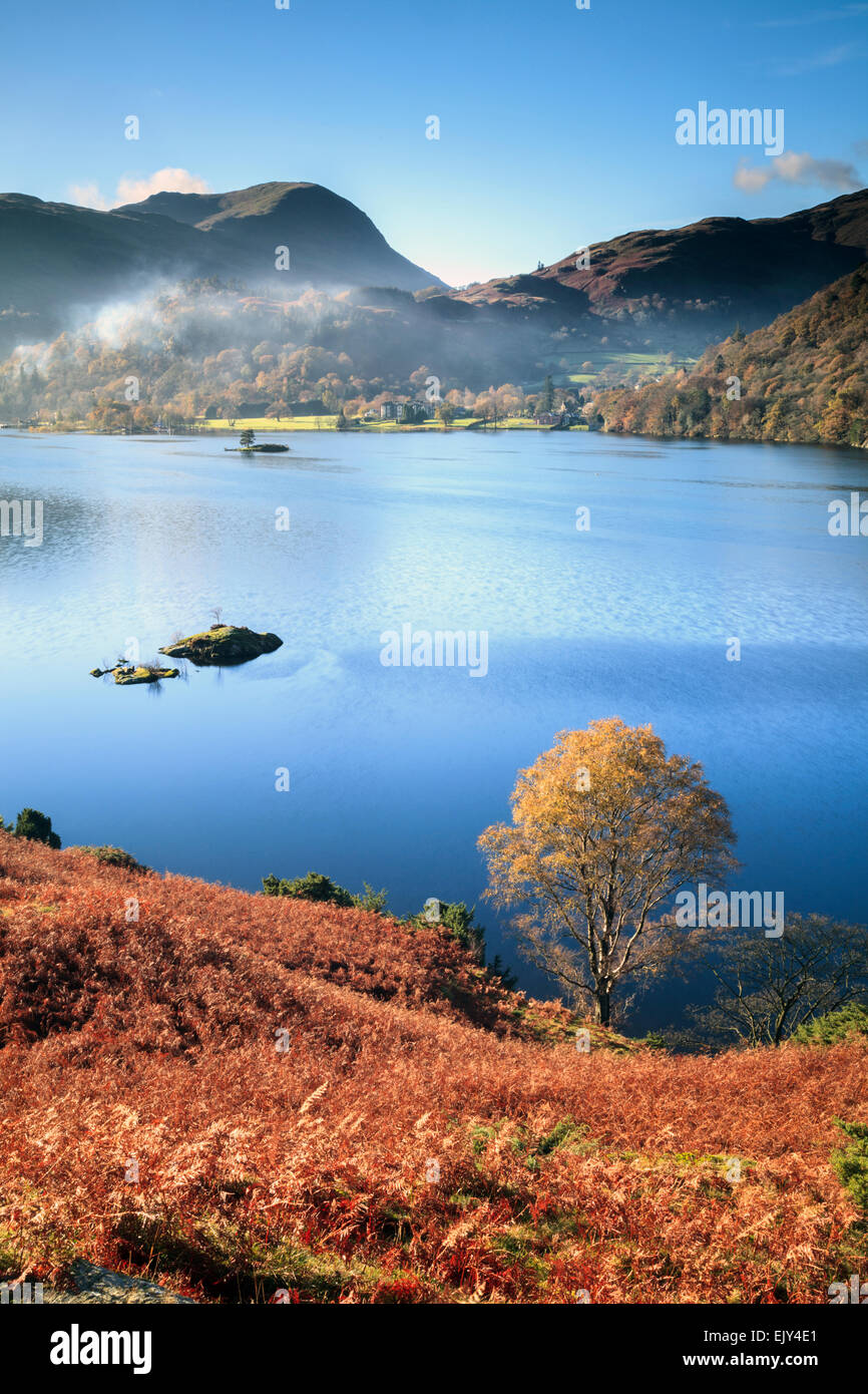 Ullswater in the Lake District National Park, captured from near Silver Crag with Glenridding and Helvellyn in the distance. Stock Photo