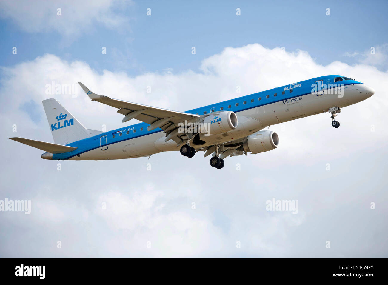 KLM Cityhopper plane from Amsterdam about to land at Bristol Airport in England, UK. Stock Photo