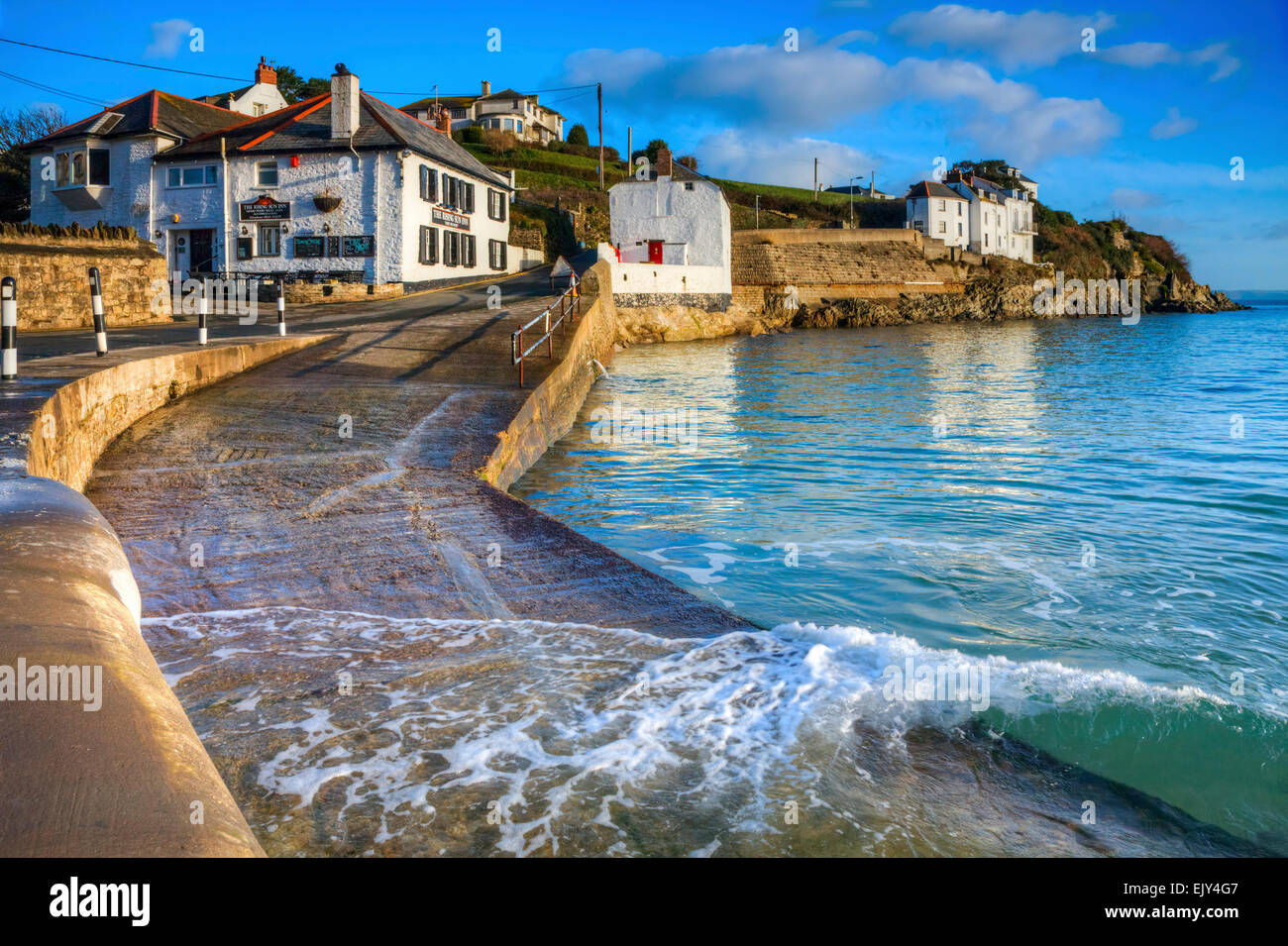 The slipway at Portmellon near Mevagissey in Cornwall, with The Rising