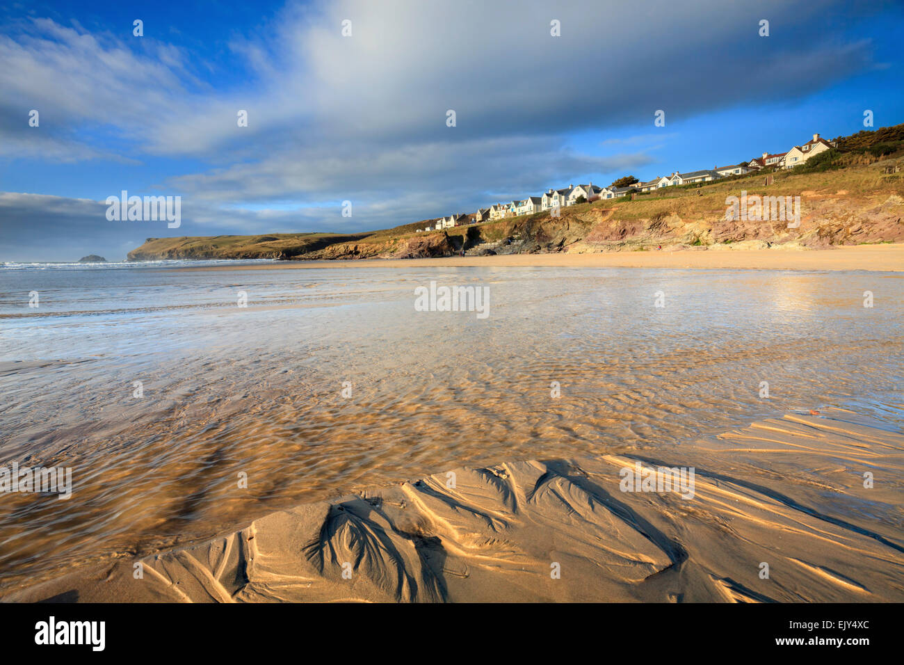New Polzeath and Pentire Point captured from Polzeath Beach in mid February. Stock Photo
