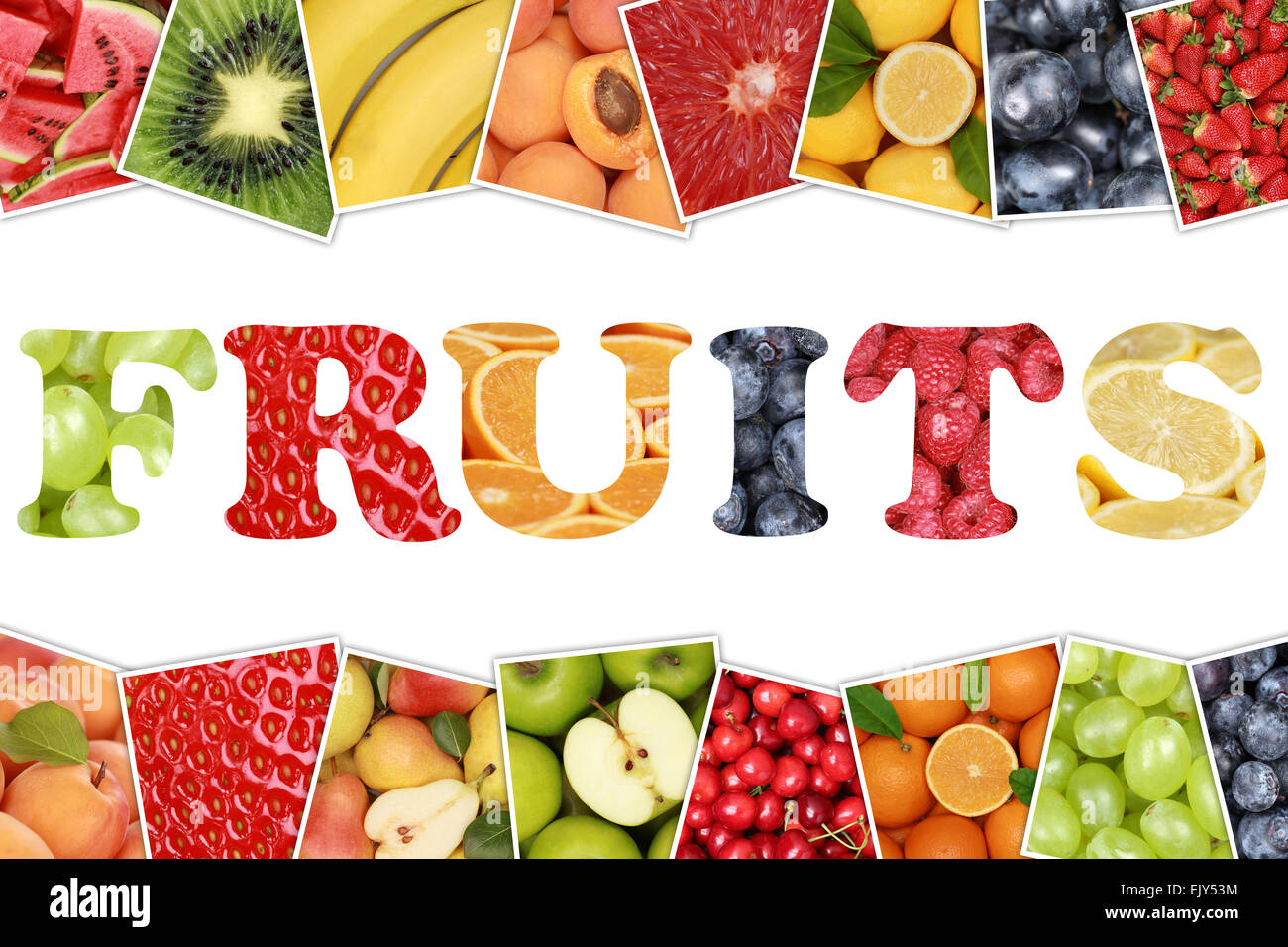 Word Fruits with apple, orange, lemon, banana and strawberry Stock