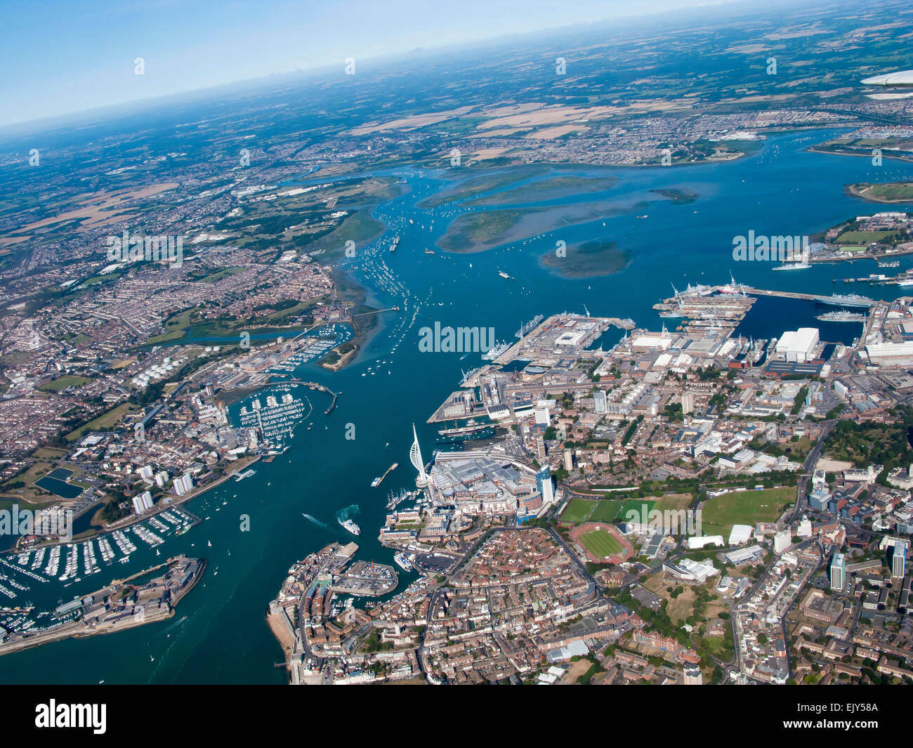 An aerial shot of Portsmouth Harbour showing Spinnaker Tower and Gunwharf Quays Stock Photo