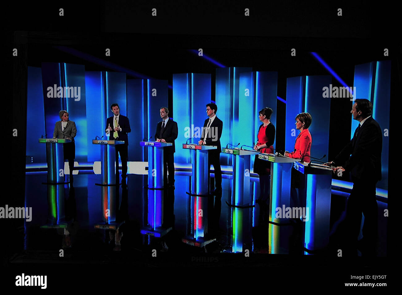 Leaders of the 7 main UK parties participate in the 7-way UK election leaders debate on live TV. Stock Photo