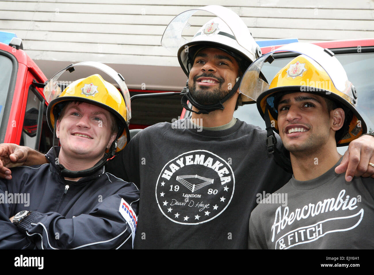 The official opening of a new community boxing gym at Moss Side Fire Station. L-R Ricky Hatton, David Haye and Amir Khan. Pictur Stock Photo