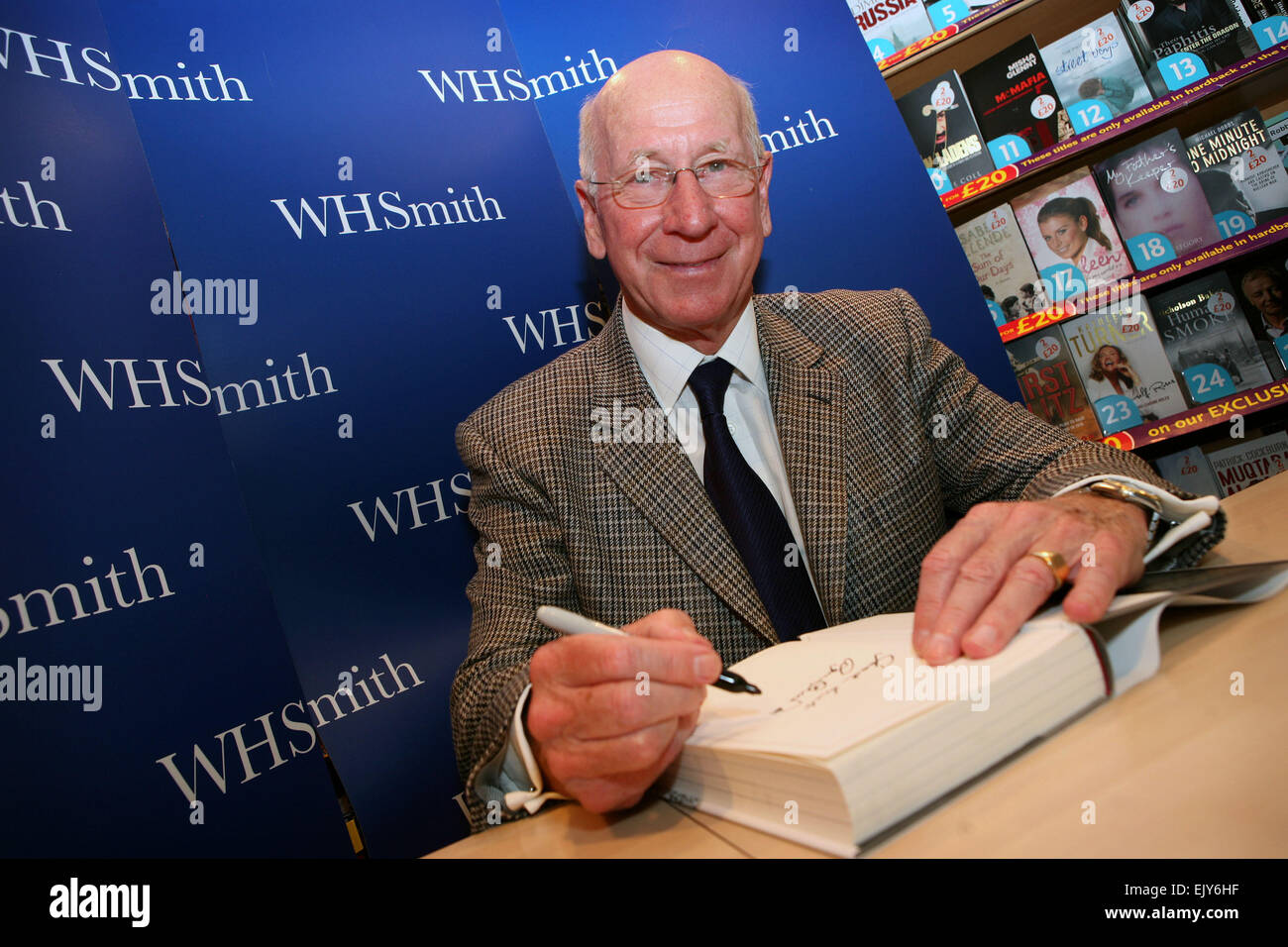 Sir Bobby Charlton signs copies of his autobiography at WH Smith's, terminal 2, Manchester Airport. Picture: Chris Bull Stock Photo