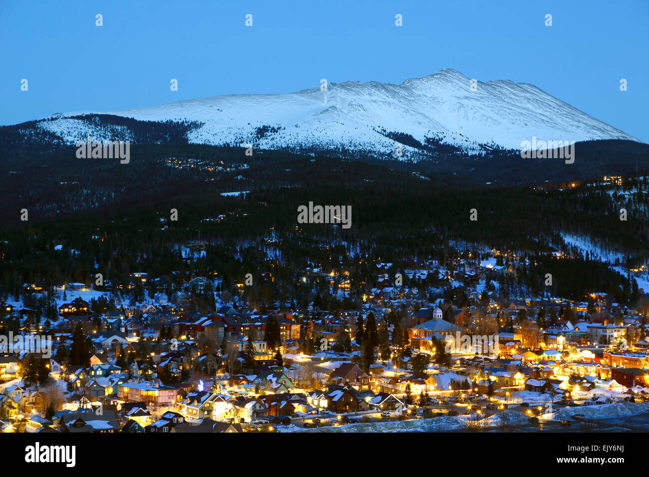 Snow-covered Bald Mountain and Breckenridge, Colorado USA Stock Photo