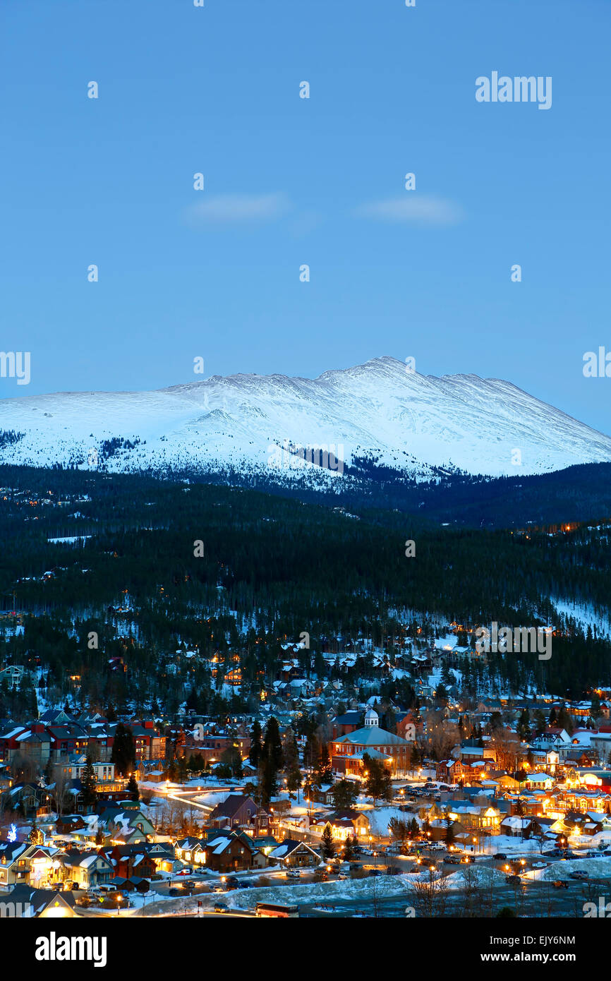 Snow-covered Bald Mountain and Breckenridge, Colorado USA Stock Photo