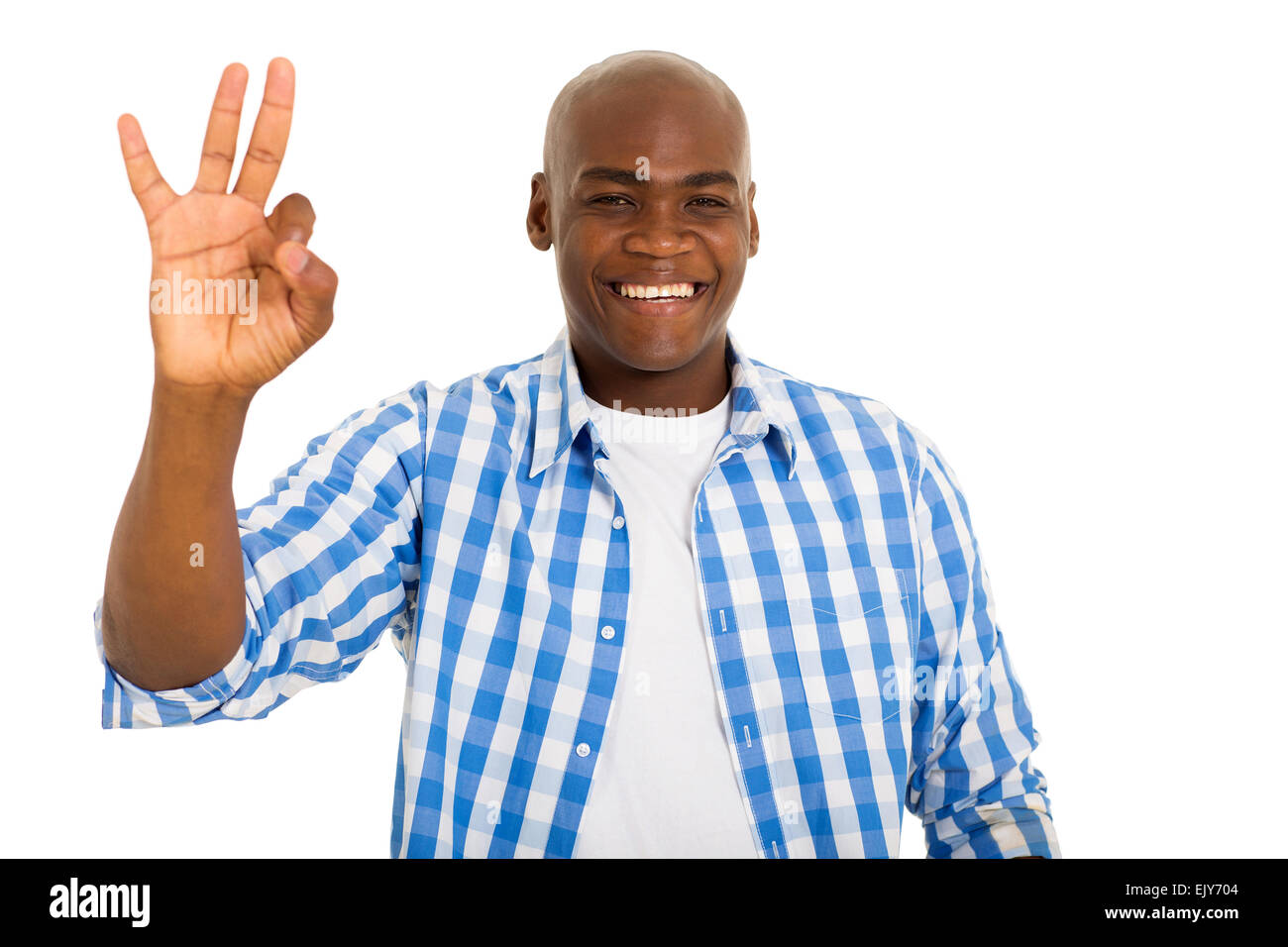 cheerful African American man giving ok hand sign isolated on white Stock Photo