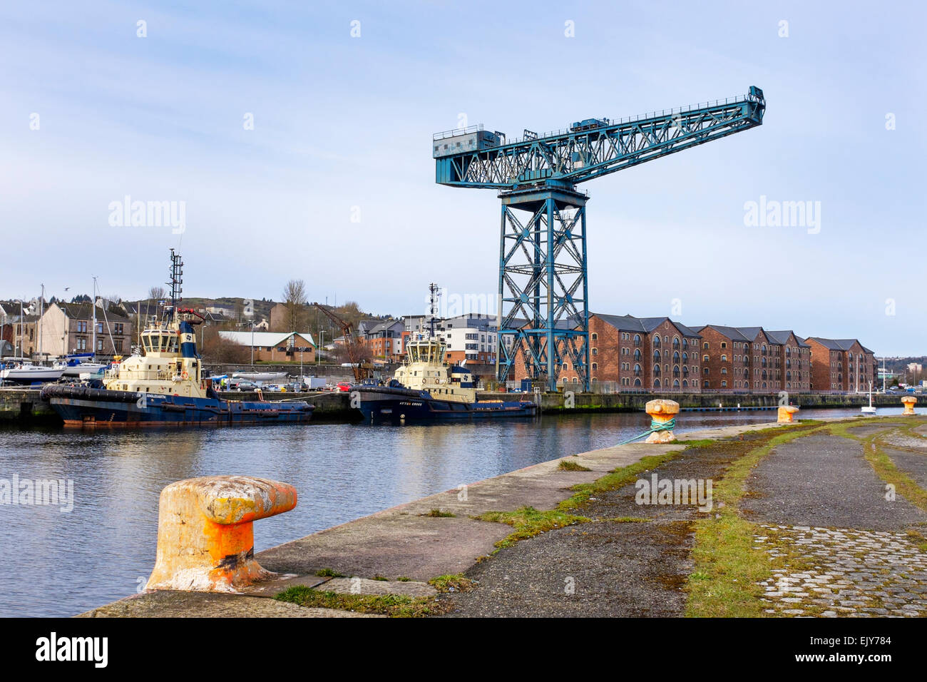Harbour and heavy duty crane at Port Glasgow harbour on Firth of Clyde