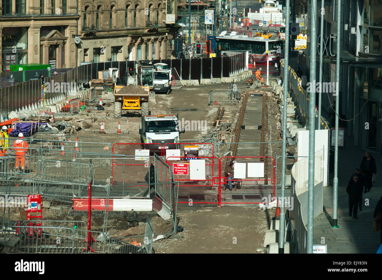Construction work for the Metrolink tram Second City Crossing route, Exchange Square, Manchester, England, UK Stock Photo