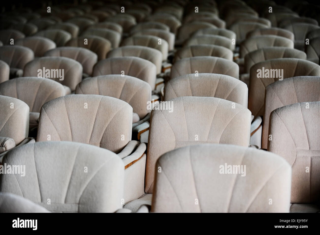 Rows with lots of empty beige velvet armchairs in a big conference room Stock Photo