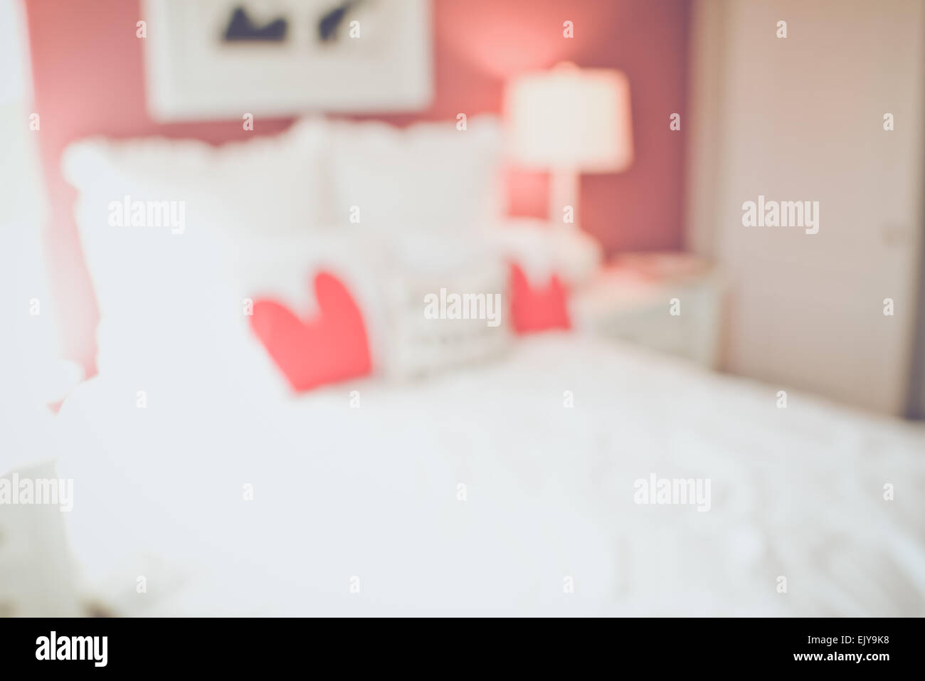 Blurred Girl Bedroom With Bed And Nightstand With Retro