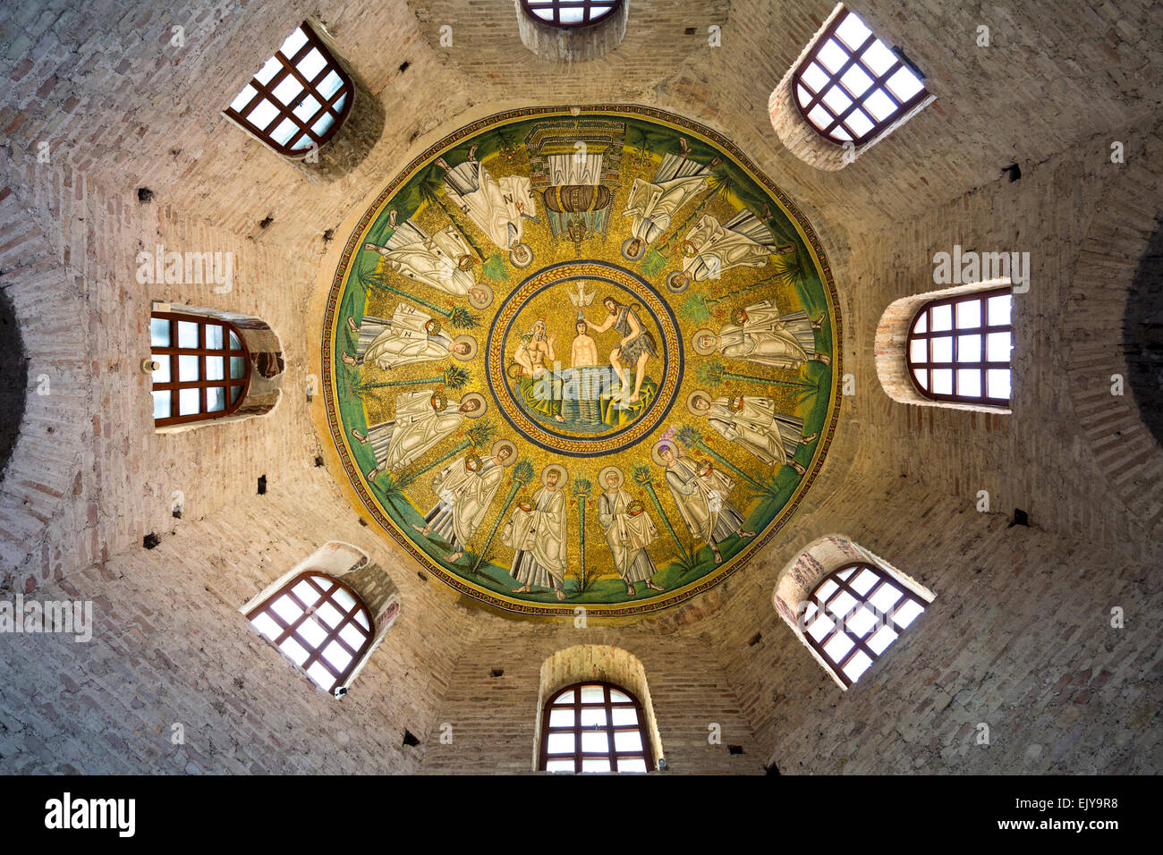 dome mosaic of the baptism of Jesus by Saint John the Baptist, Arian Baptistry, Ravenna, Italy Stock Photo