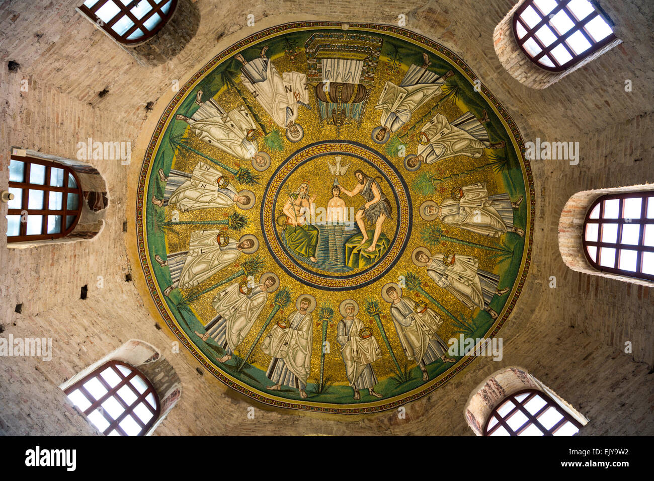 mosaic of the baptism of Jesus by Saint John the Baptist, Arian Baptistry, Ravenna, Italy Stock Photo