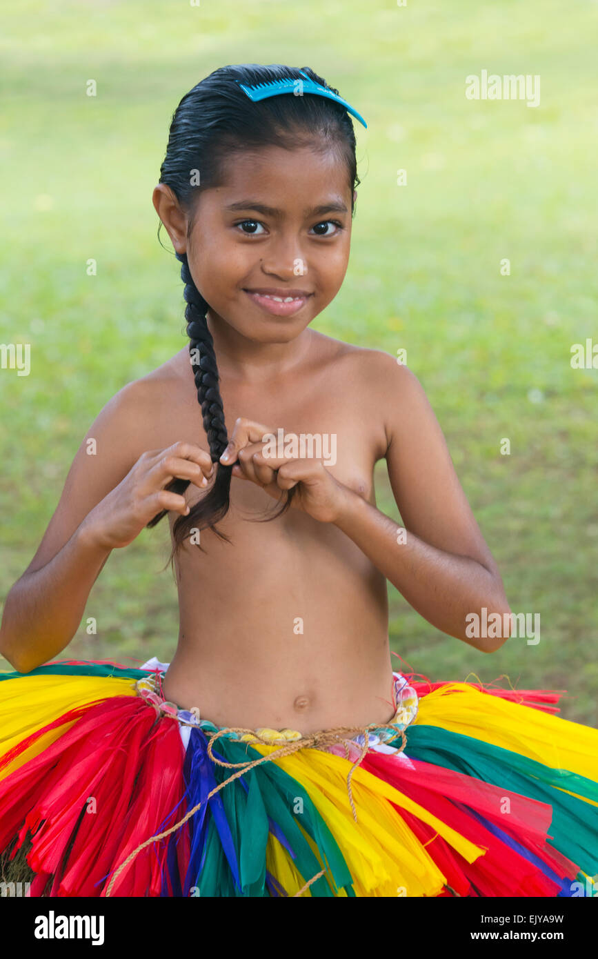 Yapese girl wearing grass skirt at Yap Day Festival, Yap Island, Federated States of Micronesia Stock Photo