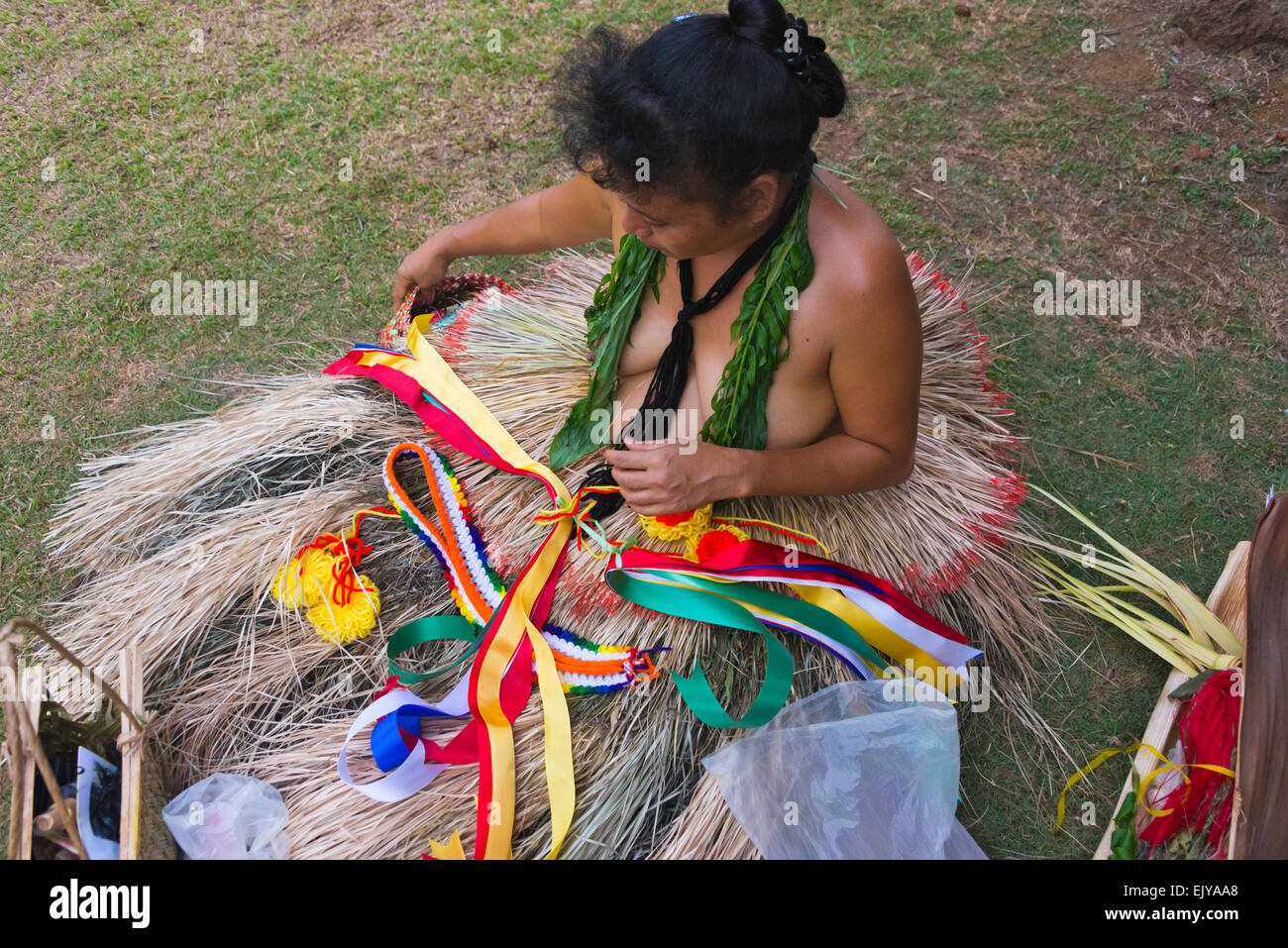 Making flower lei for Yap Day Festival, Yap Island, Federated States of Micronesia Stock Photo