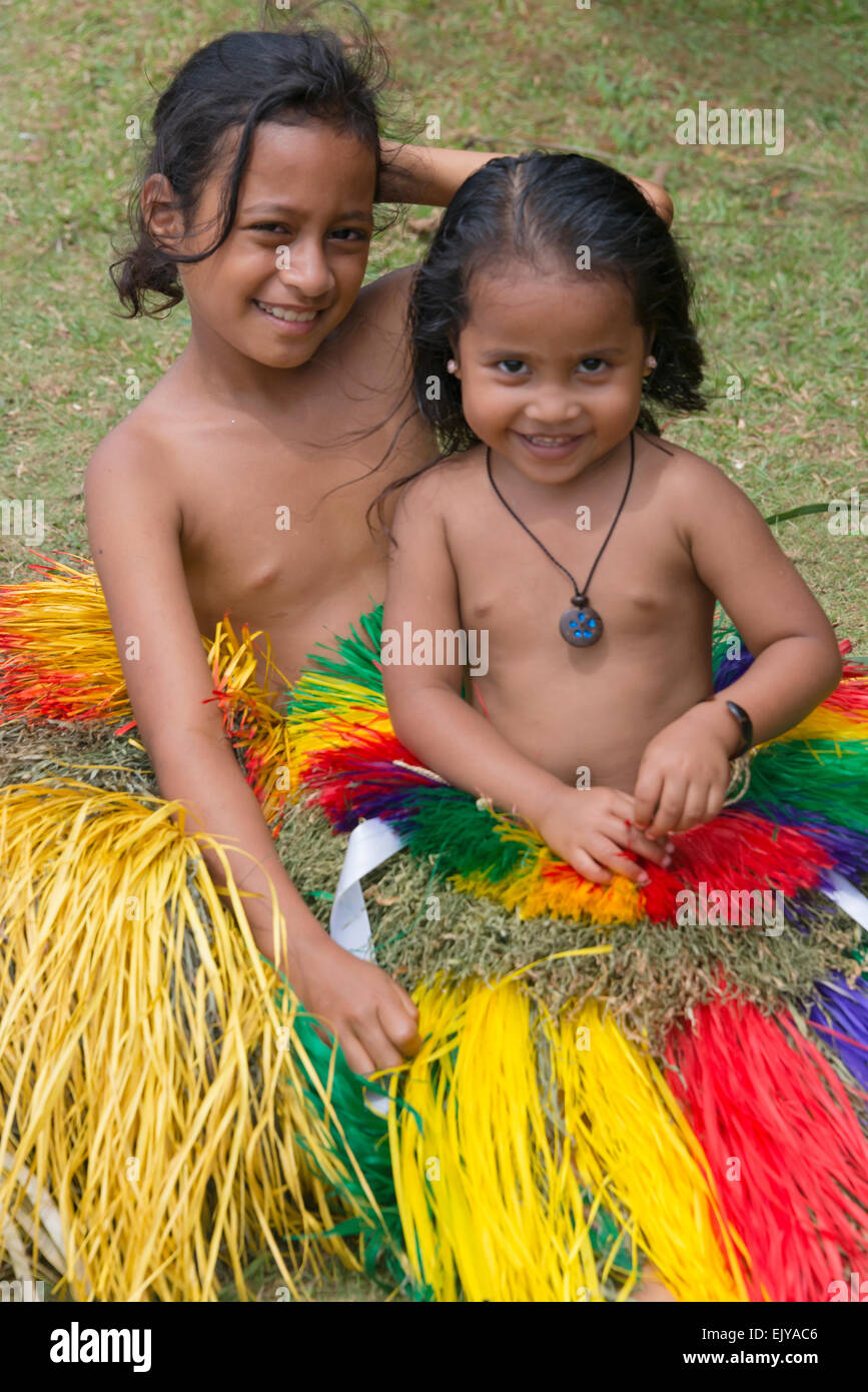 Little Yapese girls in traditional clothing, Yap Island, Federated States of Micronesia Stock Photo