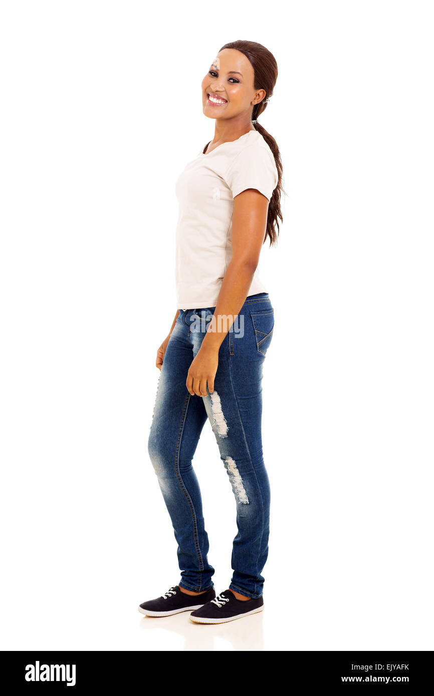 pretty black woman standing on white background Stock Photo