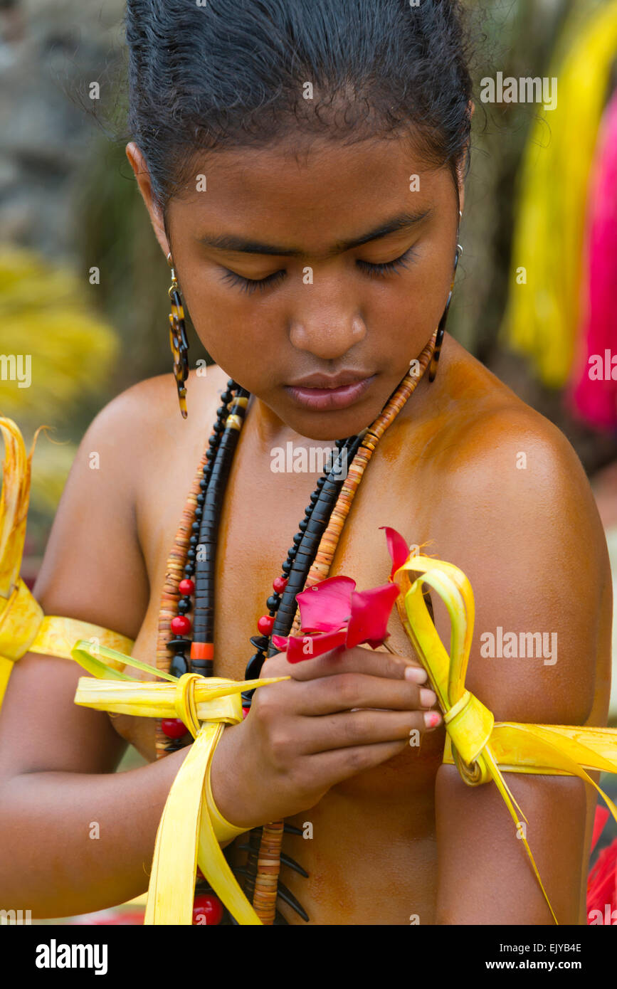 Yapese girl preparing for the Yap Day Festival, Yap Island, Federated States of Micronesia Stock Photo