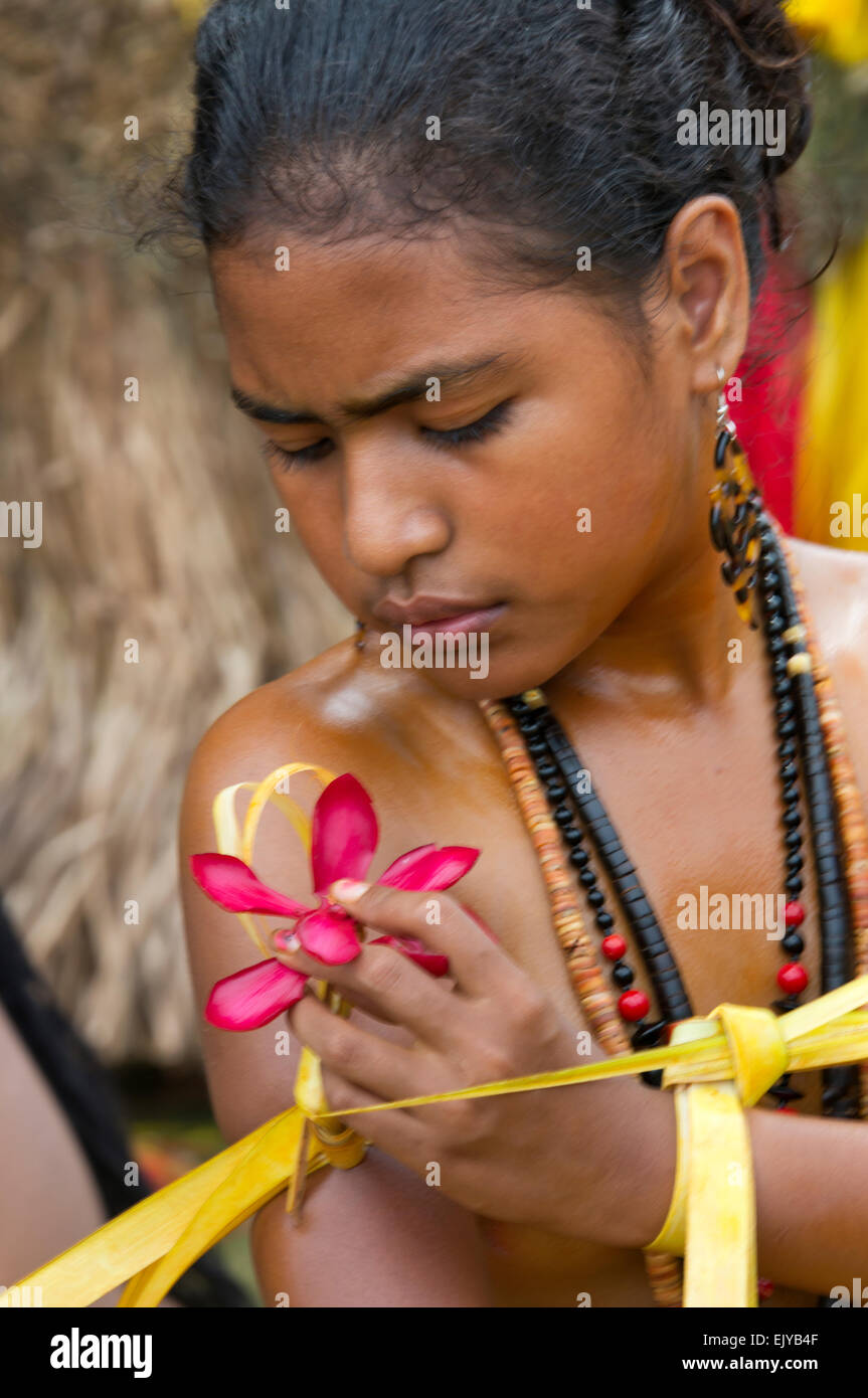 Yapese girl preparing for the Yap Day Festival, Yap Island, Federated States of Micronesia Stock Photo