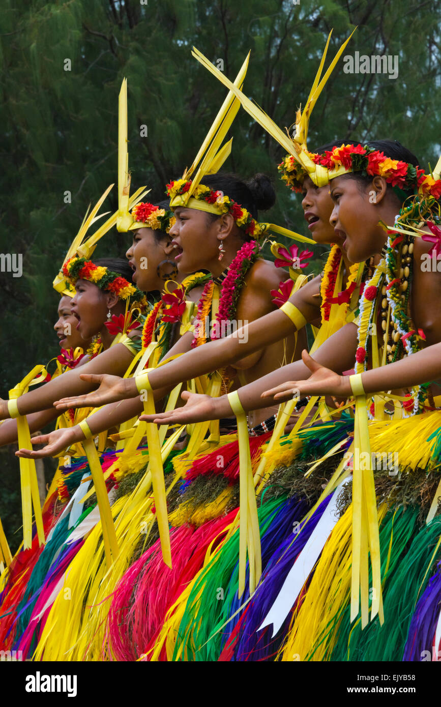 Yapese girls in traditional clothing singing and dancing at Yap Day Festival, Yap Island, Federated States of Micronesia Stock Photo