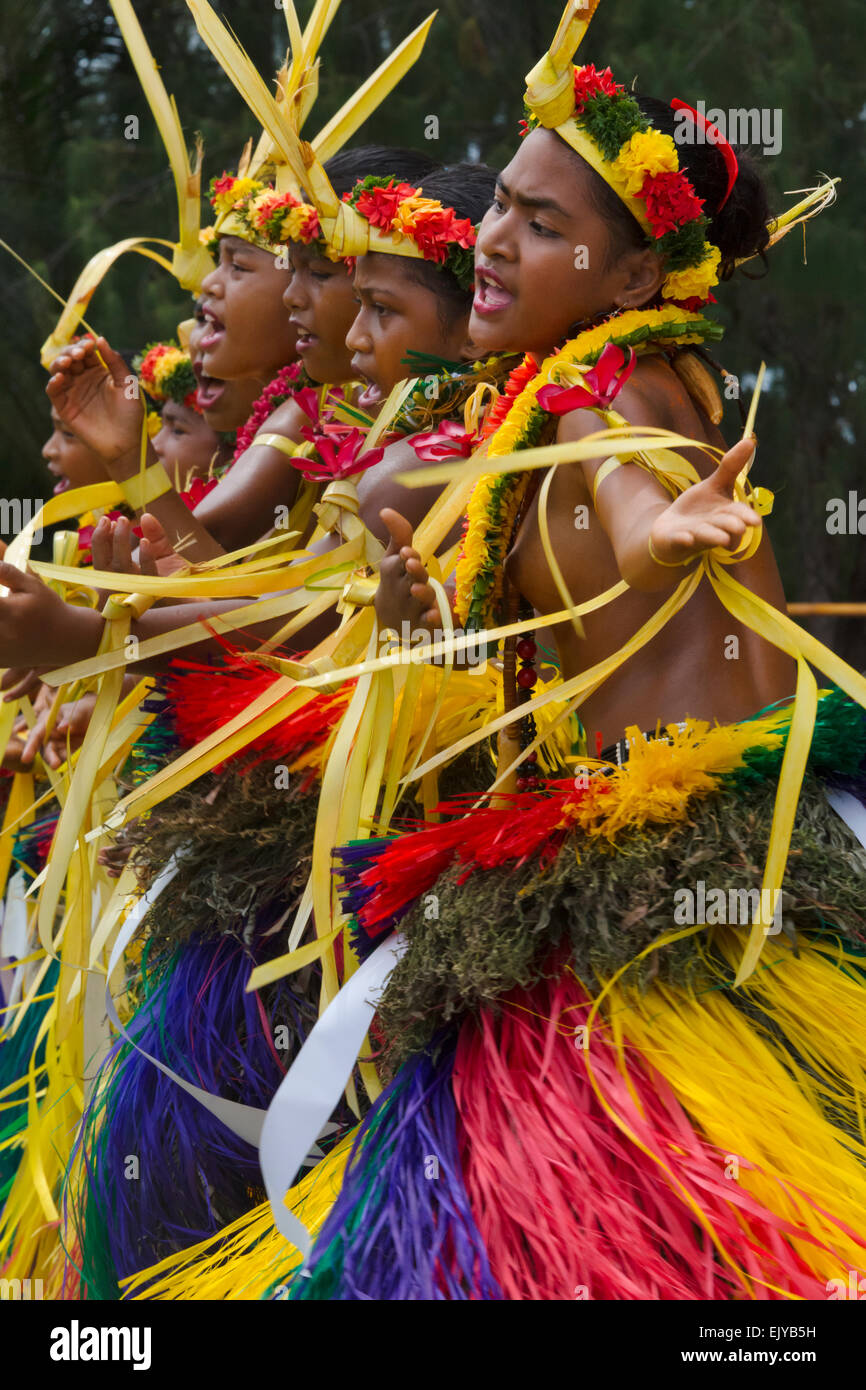Yapese girls in traditional clothing singing and dancing at Yap Day Festival, Yap Island, Federated States of Micronesia Stock Photo