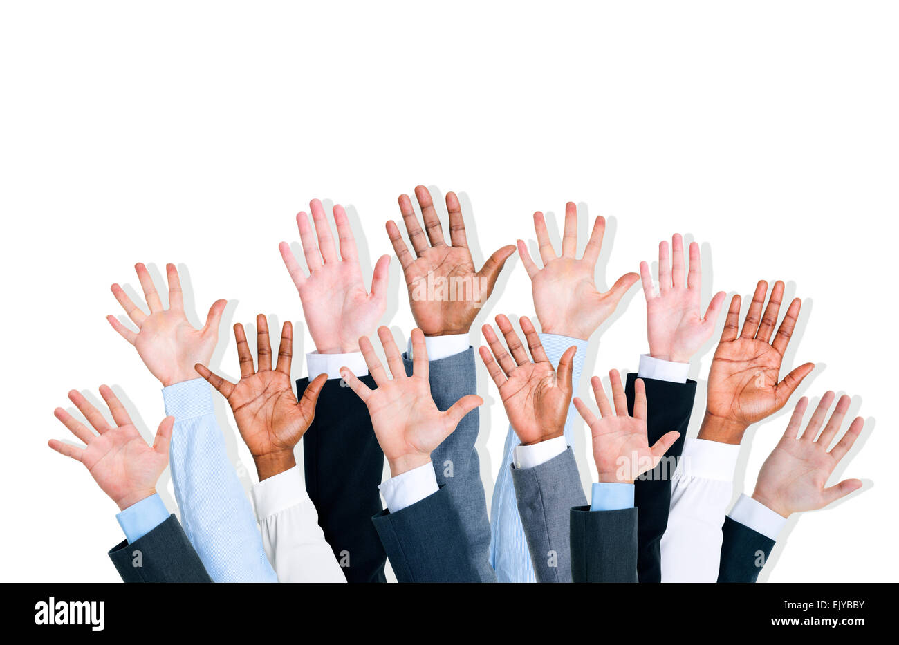 Group of business human arms raised. Stock Photo