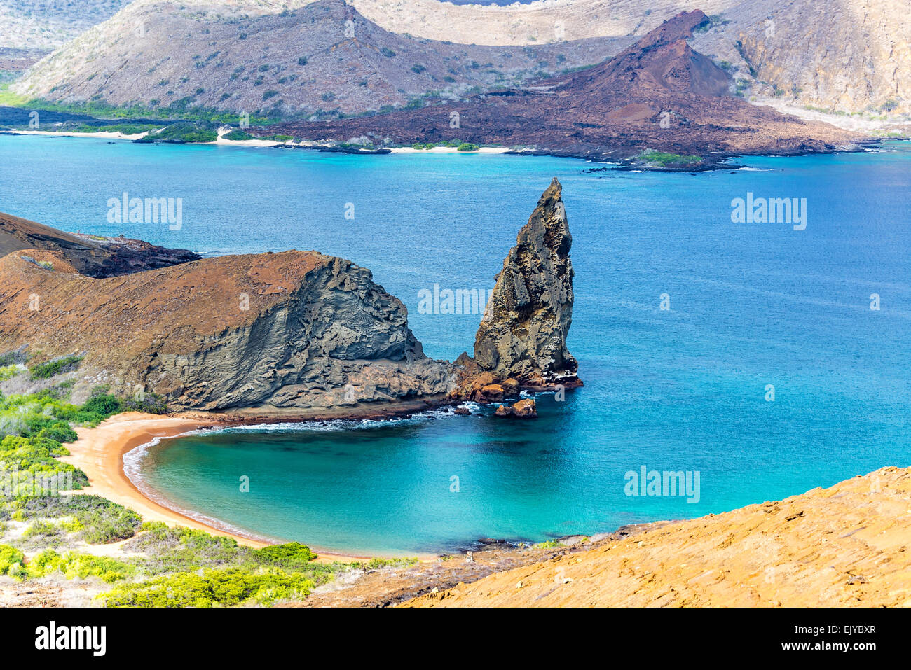 View of Pinnacle Rock on Bartolome Island in the Galapagos Island in Ecuador Stock Photo