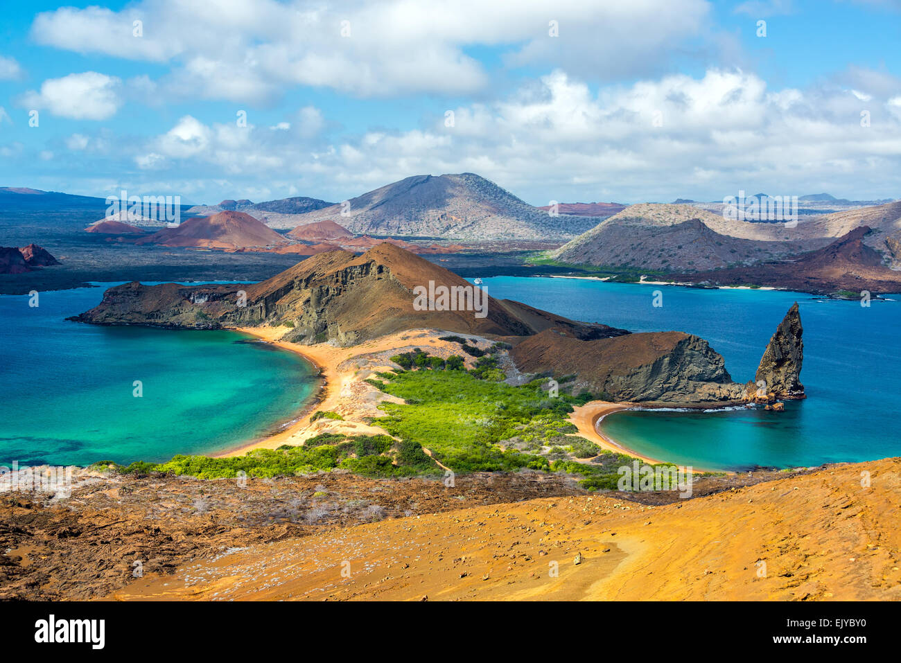 View of two beaches on Bartolome Island in the Galapagos Islands in Ecuador Stock Photo