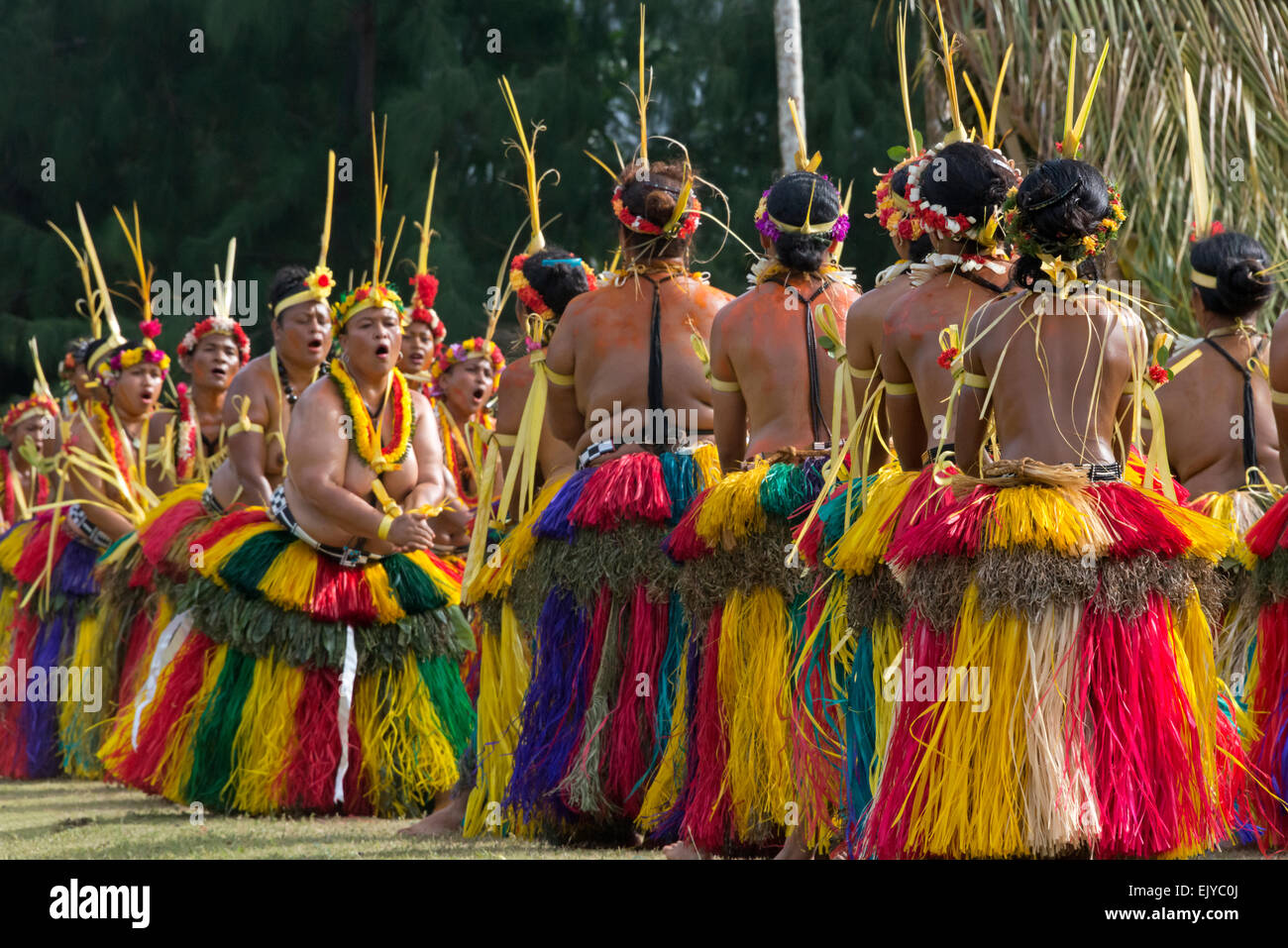 Yapese women in traditional clothing dancing at Yap Day Festival, Yap Island, Federated States of Micronesia Stock Photo