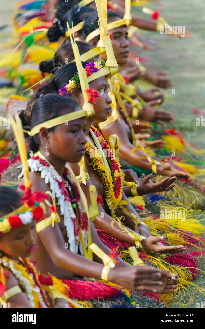 Yapese women in traditional clothing singing and dancing at Yap Day Festival, Yap Island, Federated States of Micronesia Stock Photo