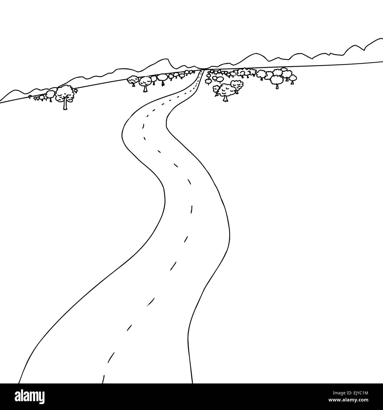 Hand drawn cartoon of winding road to mountains Stock Photo
