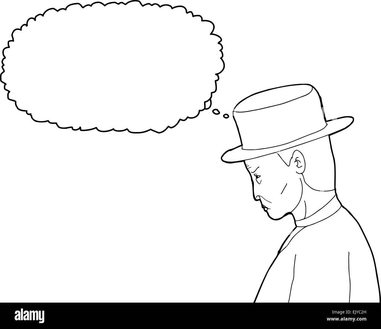 Outline cartoon of 1920s man with thought bubble Stock Photo