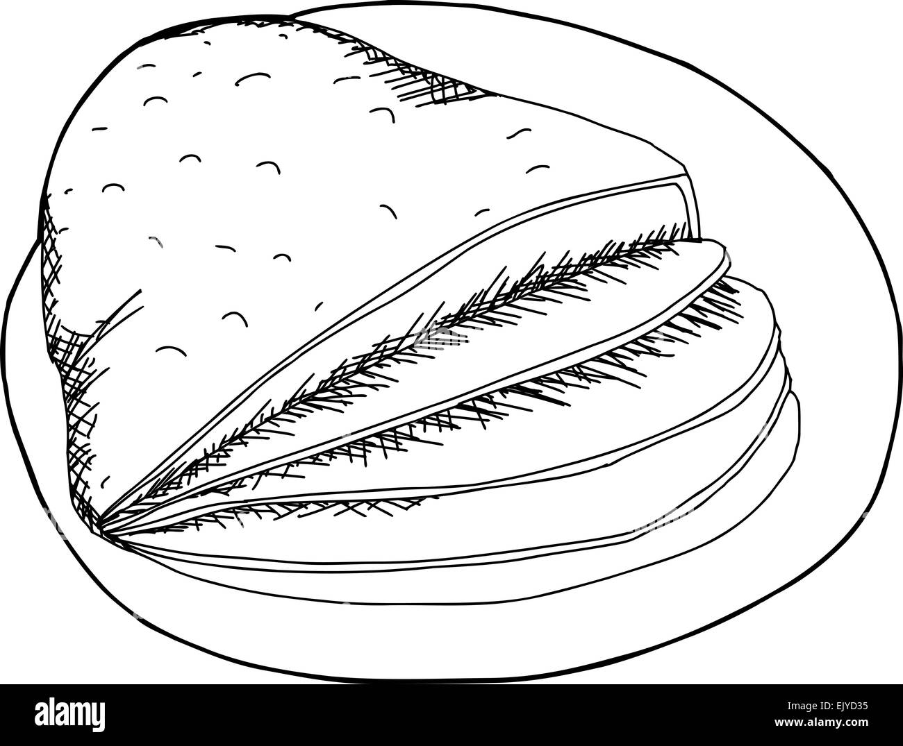 Outline cartoon of sliced ham on plate Stock Photo