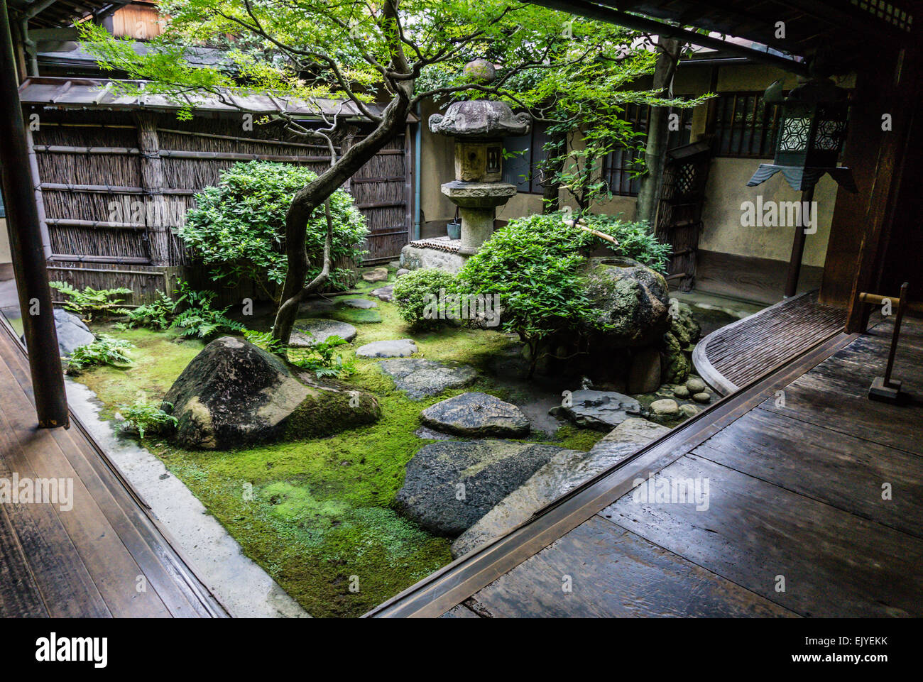 View of a traditional Japanese courtyard 'tsubo-niwa' garden with old lantern in Kyoto, Japan Stock Photo