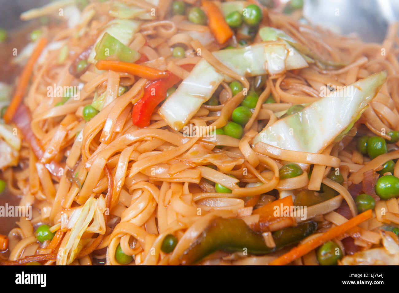 Closeup of vegetable chow mein chinese meal on display at a hotel