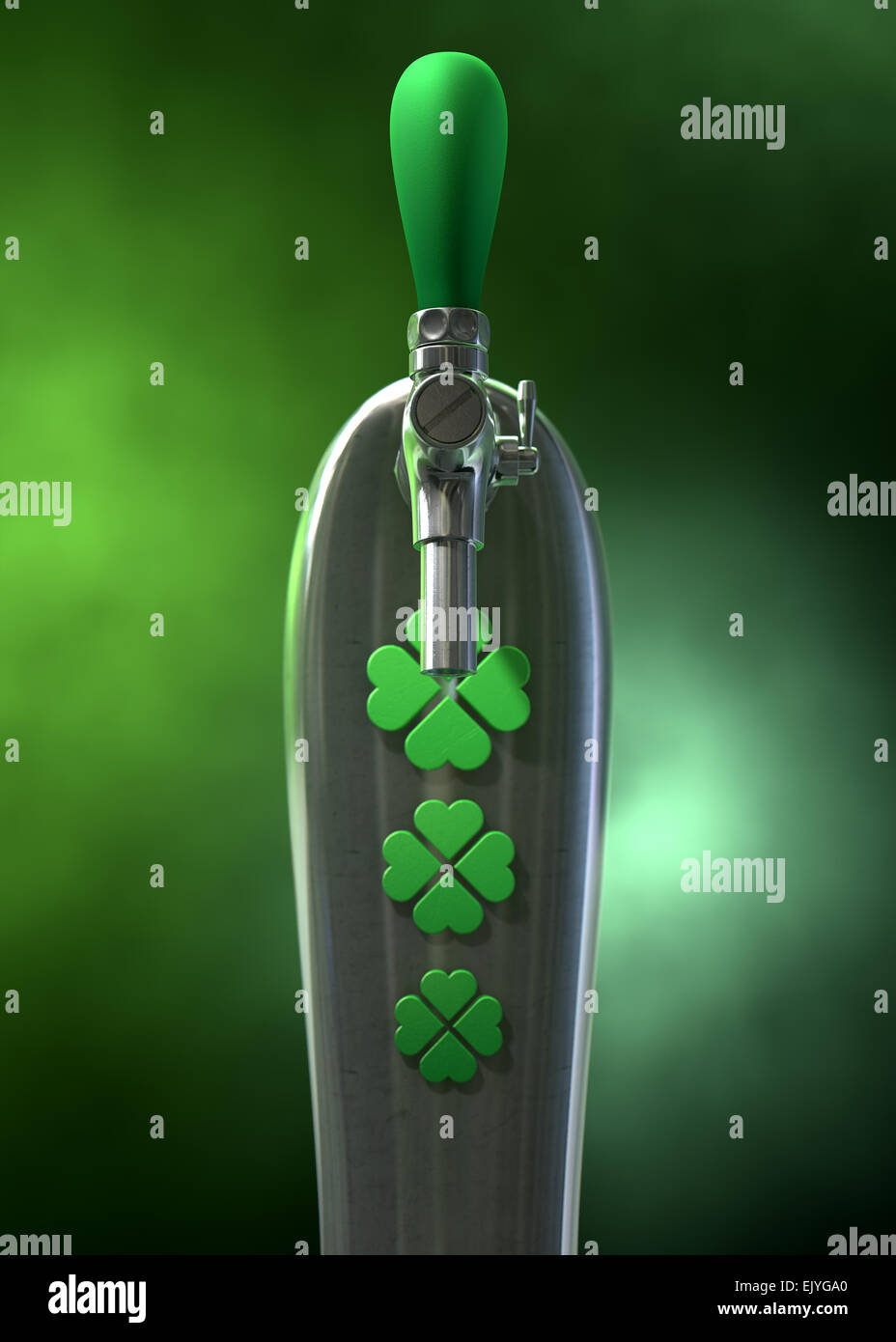 A green irish themed chrome draught beer tap with four-leaf clover ...