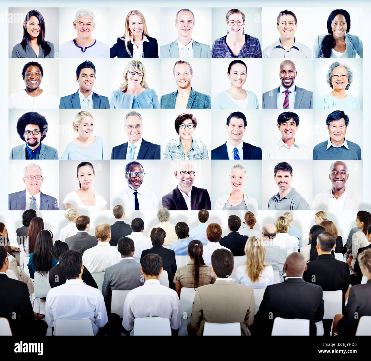 Business People Sitting with Set of Business People's Faces Stock Photo